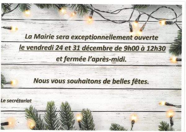 Affiche ouverture exceptionnelle mairie de la commune de Virelade pendant les fêtes de Noël