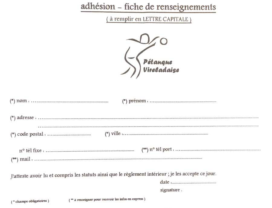 Fiche Adhésion - Pétanque Vireladaise - Virelade