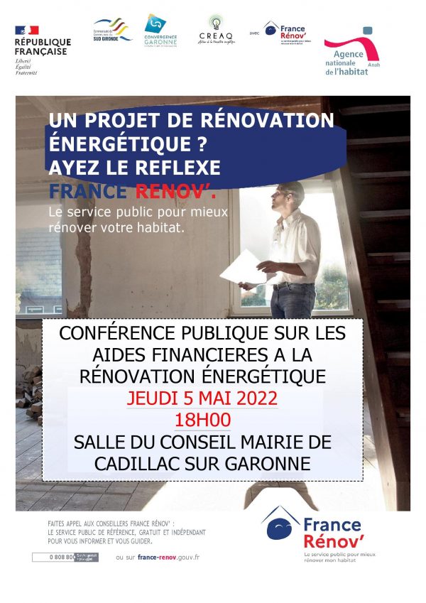 Affiche pour une conférence publique sur les aides financière à la rénovation énergétique le 5 mai 2022 à 18h00 à Cadillac