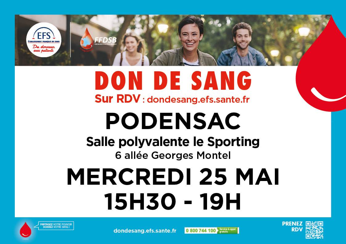 Affiche Don de Sang - EFS - Podensac - Mercredi 25 Mai