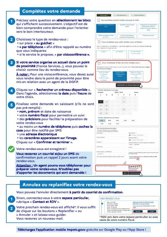 Affiche des impôt où figure la marche à suivre pour la prise de rendez vous en ligne dans leur service