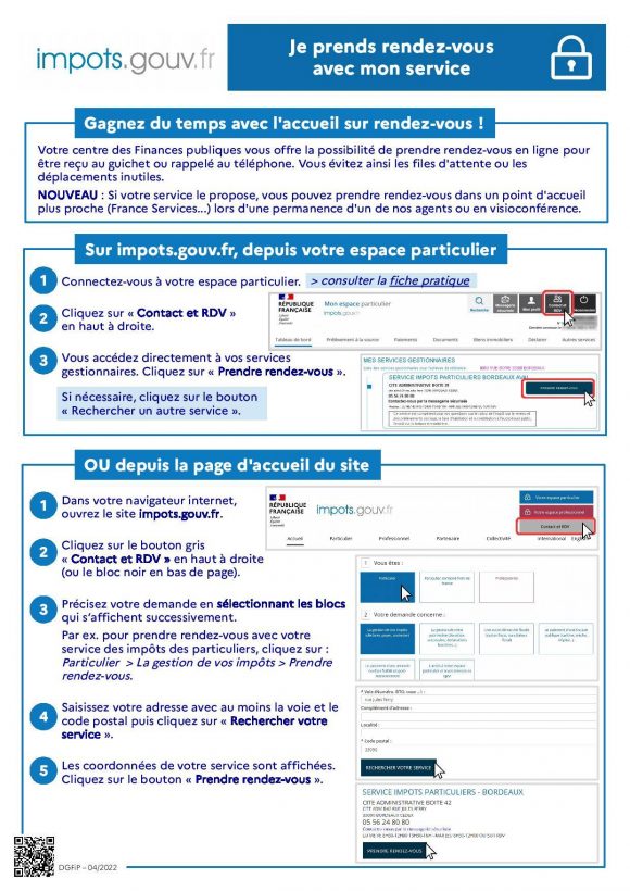 Affiche des impôt où figure la marche à suivre pour la prise de rendez vous en ligne dans leur service