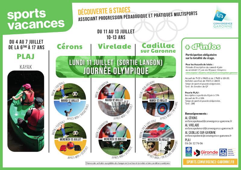 Programme du dispositif Sport Vacances - Convergence Garonne - Virelade