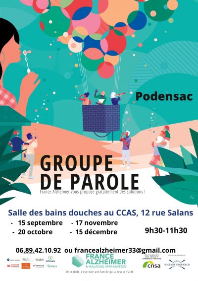 L'association France Alzheimer ouvre sur Podensac des groupes de paroles au CCAS de Podensac Ce groupe de parole aura lieu dans la salle « les bains douches », 12 rue Salans animé par notre psychologue , Pauline Labadie. Il se tiendra une fois par mois le jeudi de 9h30 à 11h30, le 15 septembre 2022 le 20 octobre 2022 le 17 novembre 2022 ainsi que ole 15 décembre 2022