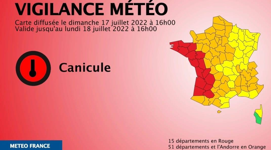 Cartographie alerte en France pour canicule, La gironde fait partie des 15 département en alerte rouge pour canicule, Virelade