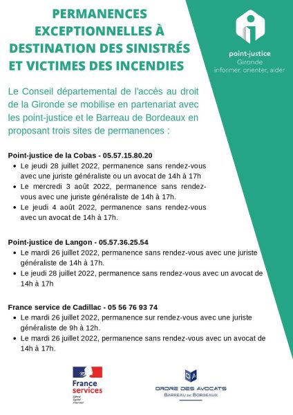 Affiche mentionnant les permanences exceptionnelles à destinations des sinistrés et victimes des incendies, Virelade