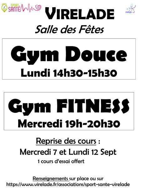 Actualité reprise Gym Douce et Gym fitness les 7 et 12 septembre - Virelade