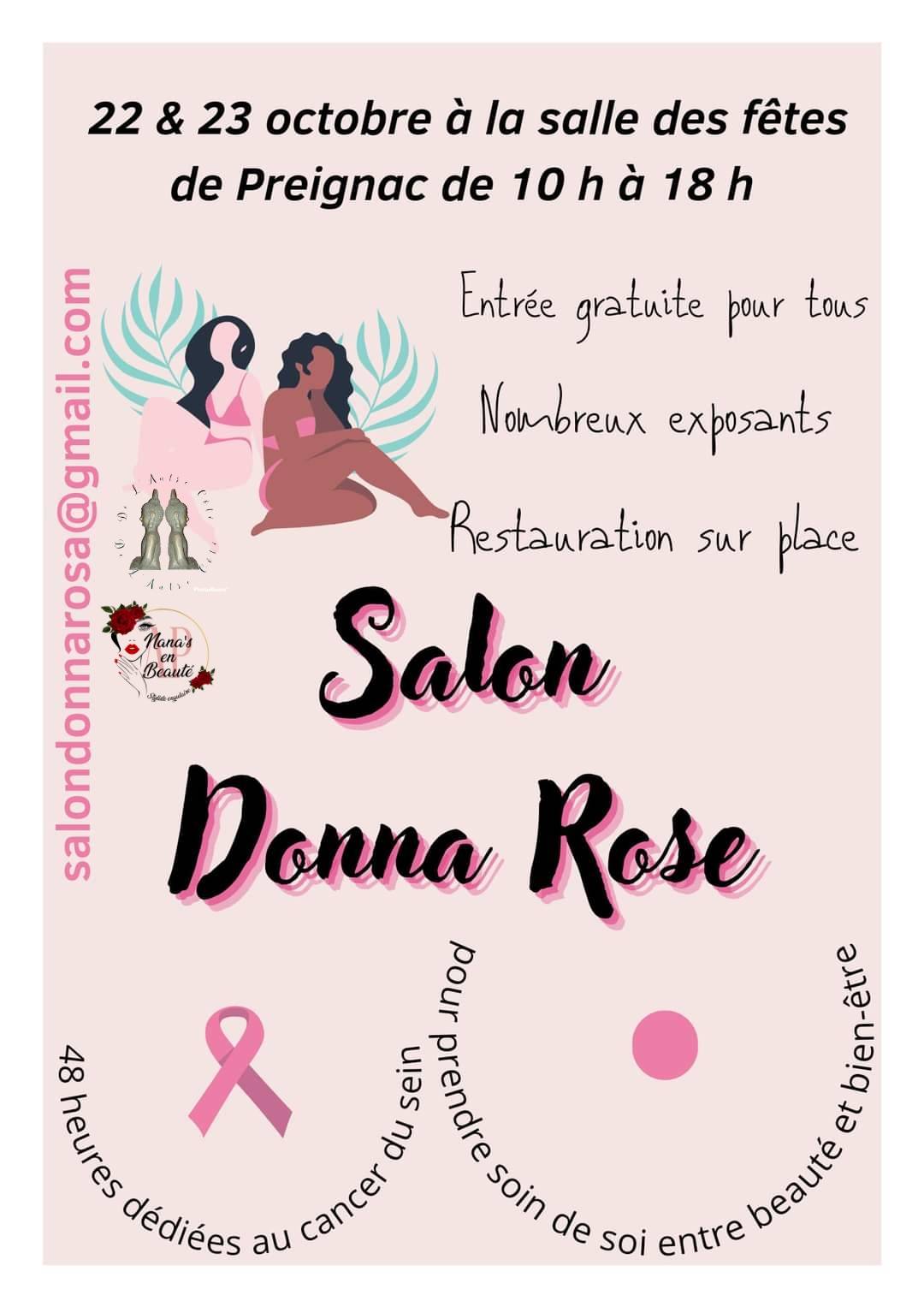 Salon donna rose à preignac le 22 - 23 octobre pour le mois octobre rose, la lutte contre le cancer, le dépistage du cancer du sein Virelade