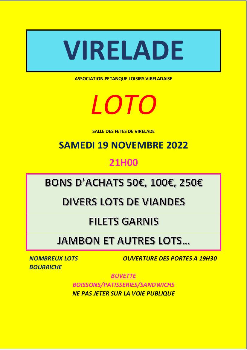Affiche Loto Association Pétanque Loisirs Vireladaise - Virelade