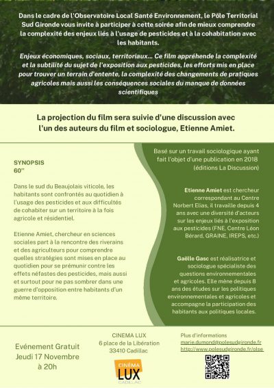 invitation cinéma lux pour une soirée ciné-débat autour de la thématique usage des pesticides et cohabitation entre agriculteurs et riverains