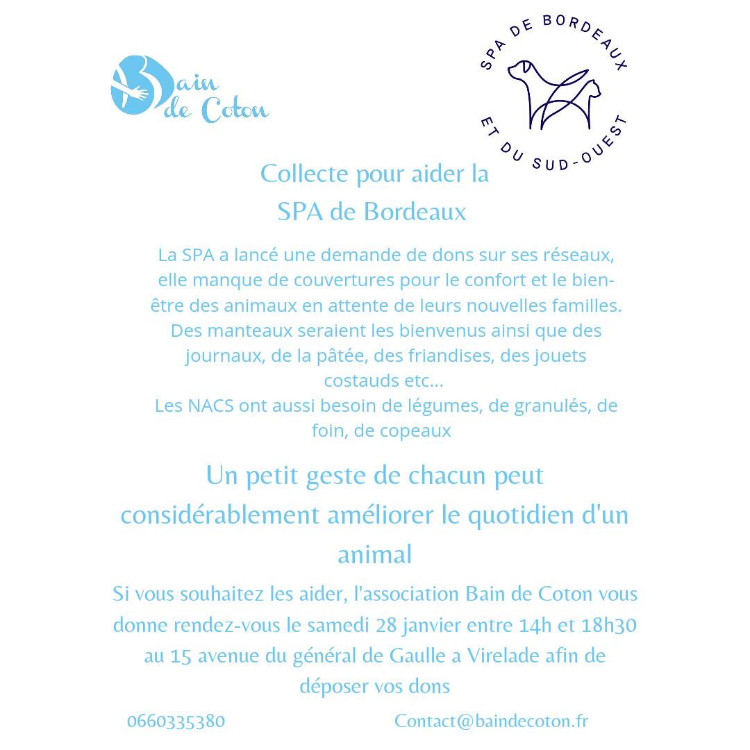 Affiche d'appel aux dons pour la SPA de Bordeaux par l'association Bain de Coton - Samedi 28 Janvier - Virelade