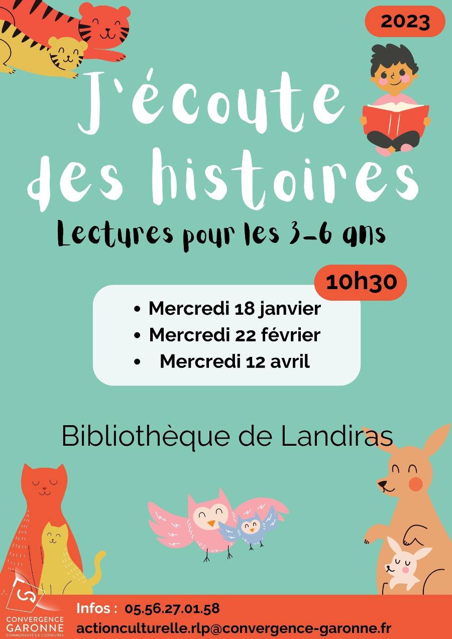 Affiche J'écoute des histoires - Bibliothèque de Landiras - Convergence Garonne