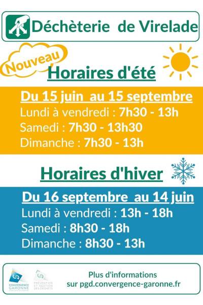 Affiche horaire d'été de la déchetterie de Virelade valable du 15 juin au 15 septembre