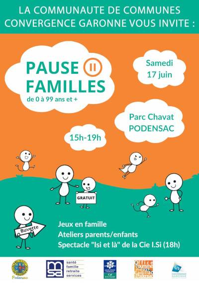 Pause famille, la CDC Convergence Garonne, propose au parc Chavat des ateliers parents/enfants ainsi qu'un spectacle le Samedi 17 Juin à 15h, Virelade commune