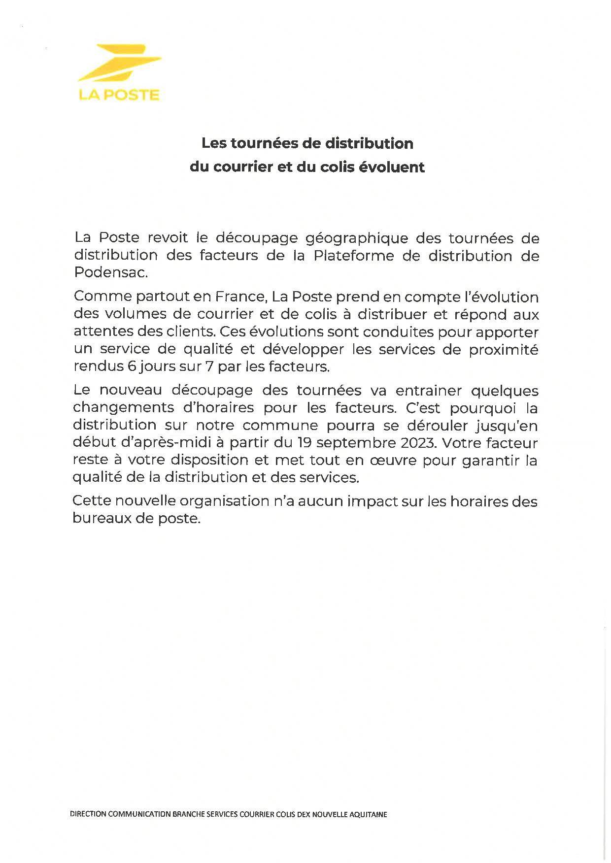 Communication de la poste sur le changement de découpage lors de la distribution à partir du 19 septembre 2023