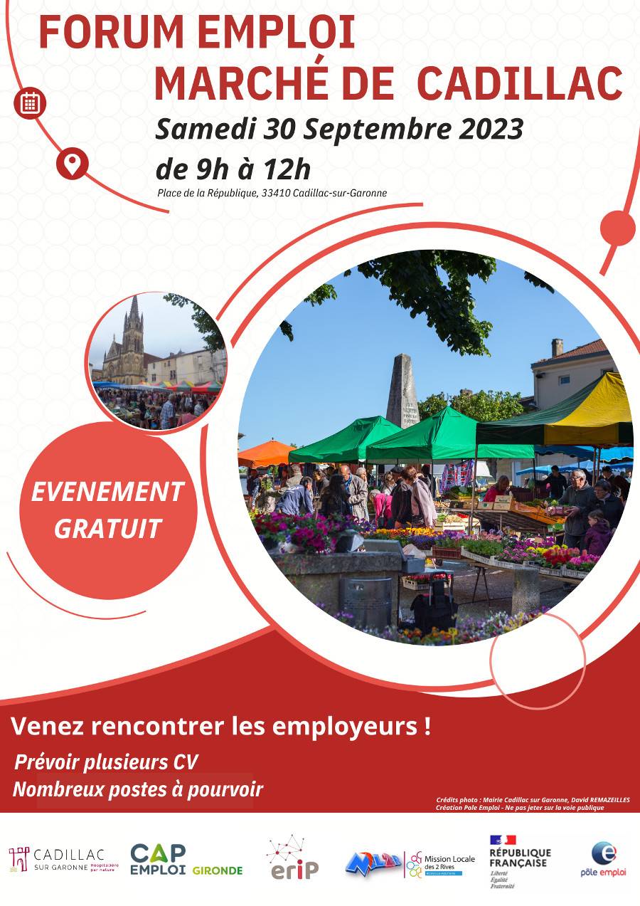 Affiche Forum Emploi au Marché de Cadillac - Mission locale des 2 rives