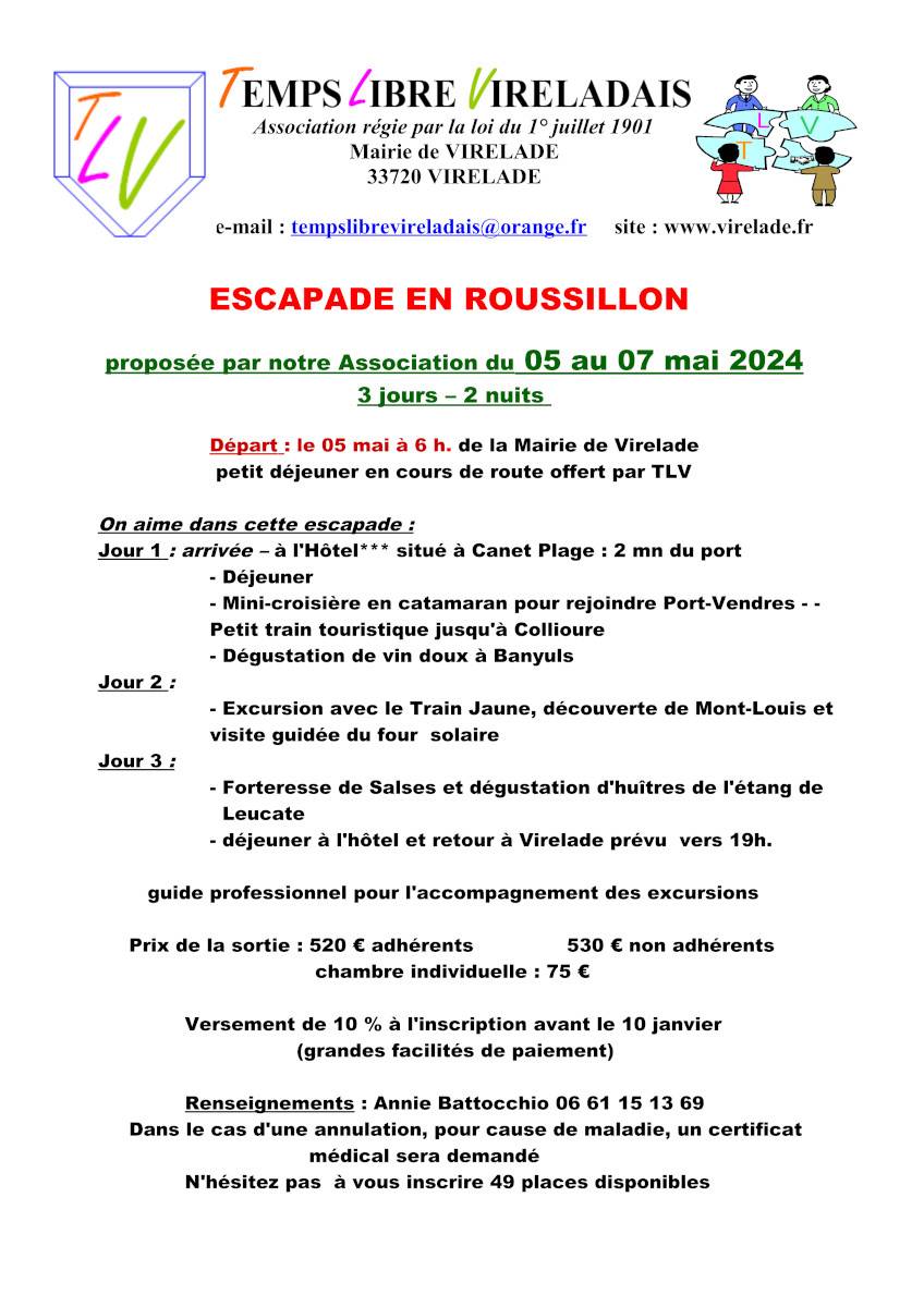 Affiche Escapade en Roussillon - Association Temps Libre Vireladais - Virelade