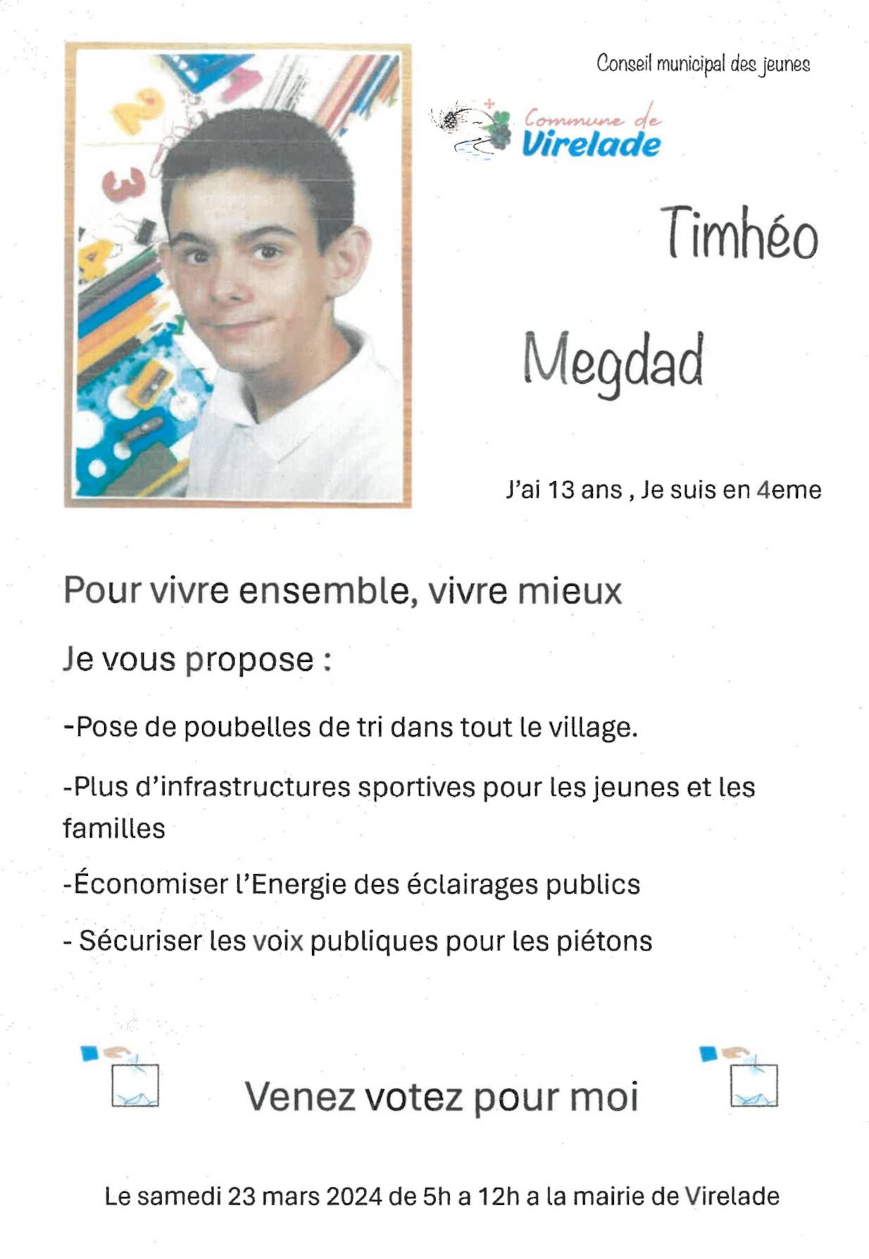 Photo Affiche Timhéo Megdad candidat au CMJ de Virelade