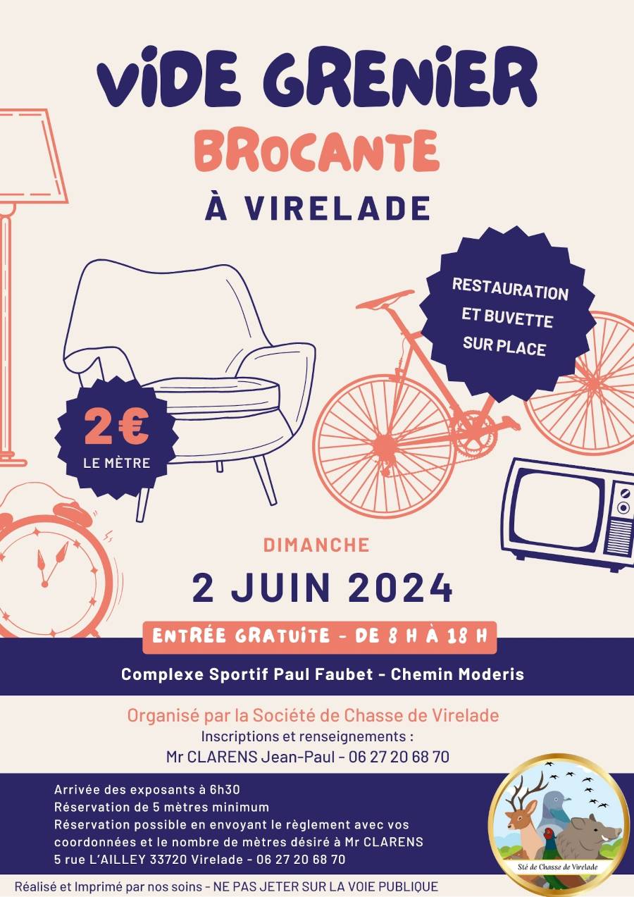 Affiche Evénement Vide Grenier de la société de Chasse du 2 Juin à Virelade
