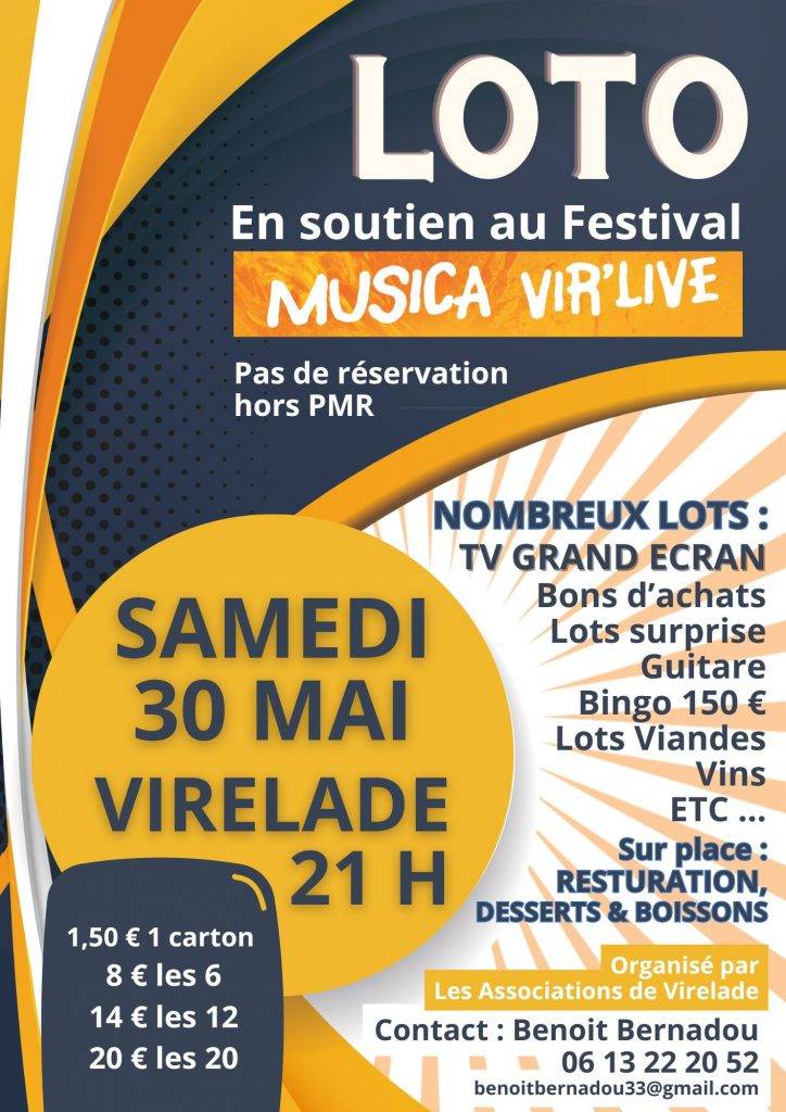 Affiche loto de soutien au Festival Musica Vir'Live - Associations de Virelade - 30 Mai - Virelade