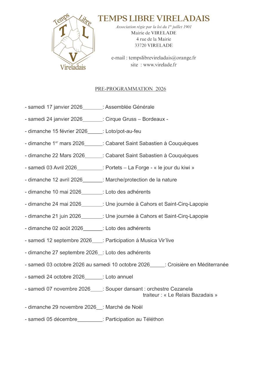 Visuel Programmation Association Temps Libre Vireladais 2026 - Virelade