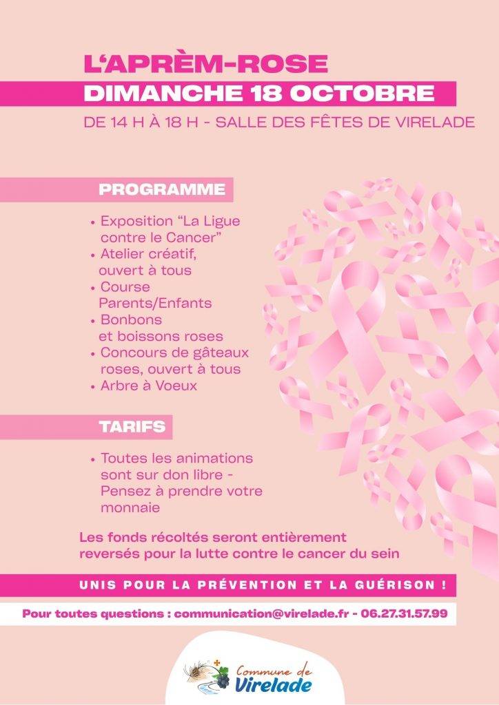 Affiche Octobre Rose - L'aprèm-rose à Virelade - Dimanche 18 octobre 2026