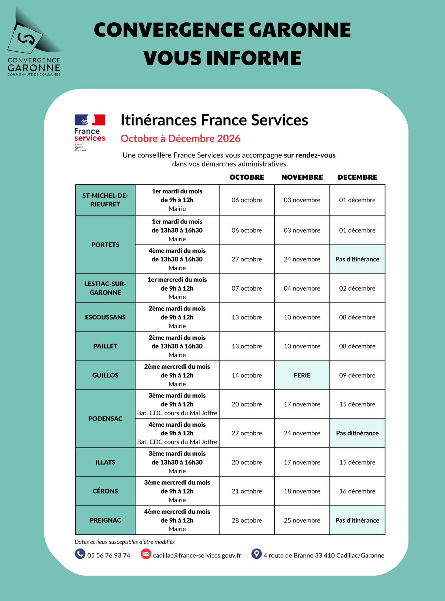 Photo Planning des permanences France Services - 4ème trimestre 2026